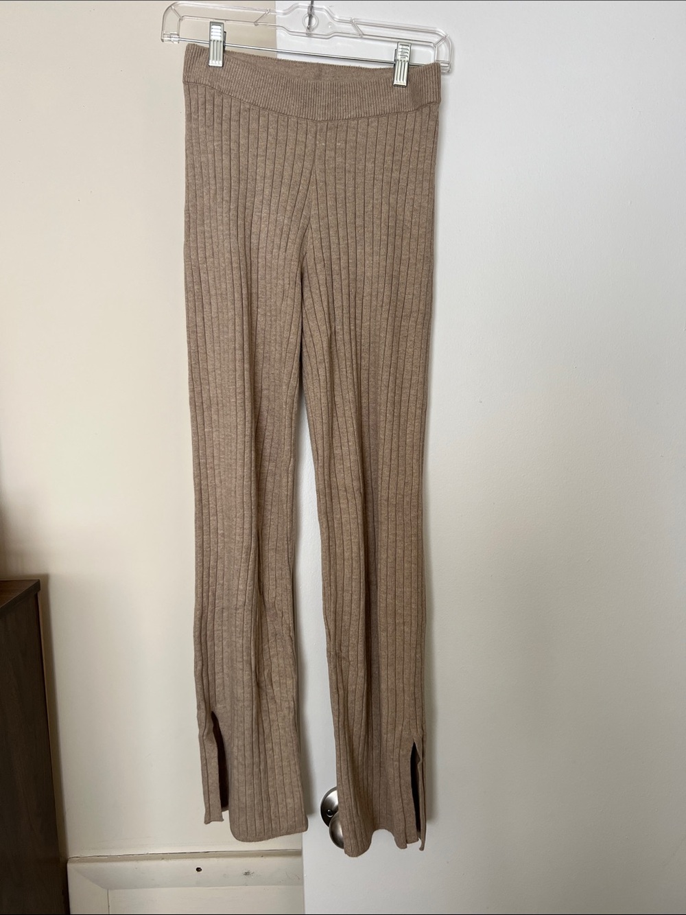 GAP Ribbed Wide-Leg Split-Hem Pants - Taupe